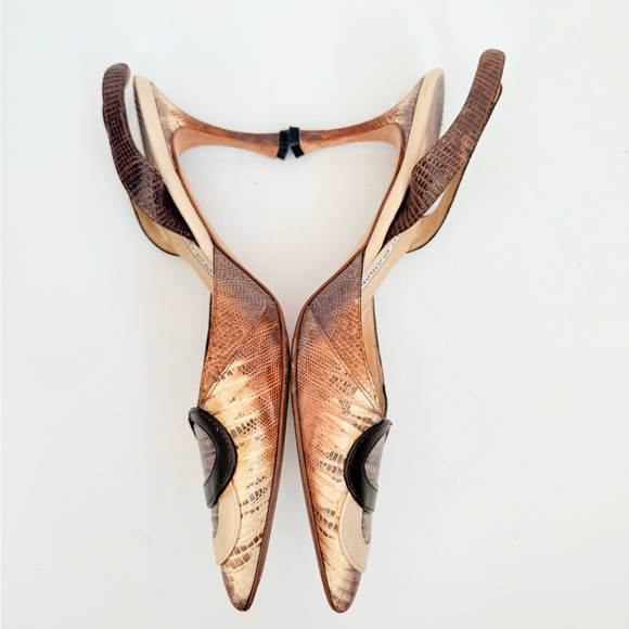 Manolo Blahnik Brown Tan Snakeskin leather embossed carolyne slingback pumps 38 - Picture 4 of 8